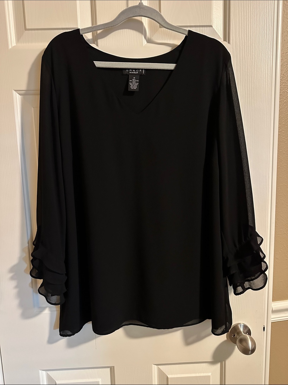 Grace Elements Black V-Neck Layered Ruffle Sleeve Blouse